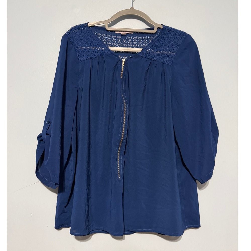 Extra Touch Women's 2X Blue Lace Yoke Zip Front Roll Tab Sleeve Blouse 1788